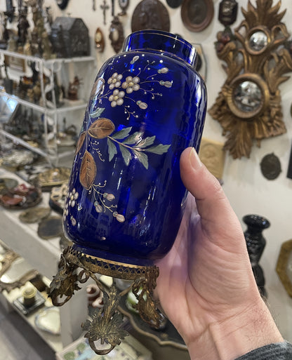 Rare Antique French Blue Glass Hand Painted Enameled Vase Flowers c1900