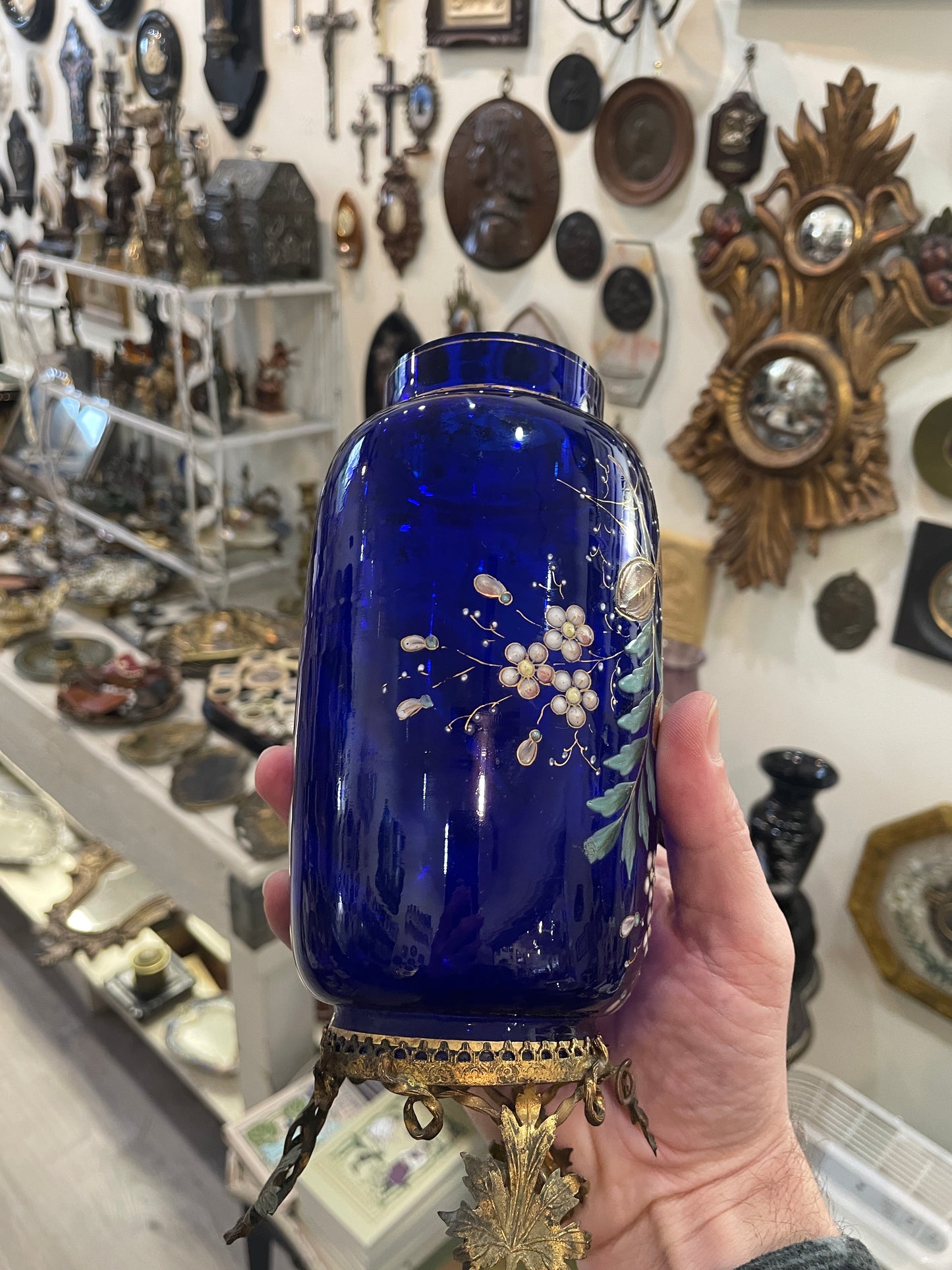 Rare Antique French Blue Glass Hand Painted Enameled Vase Flowers c1900