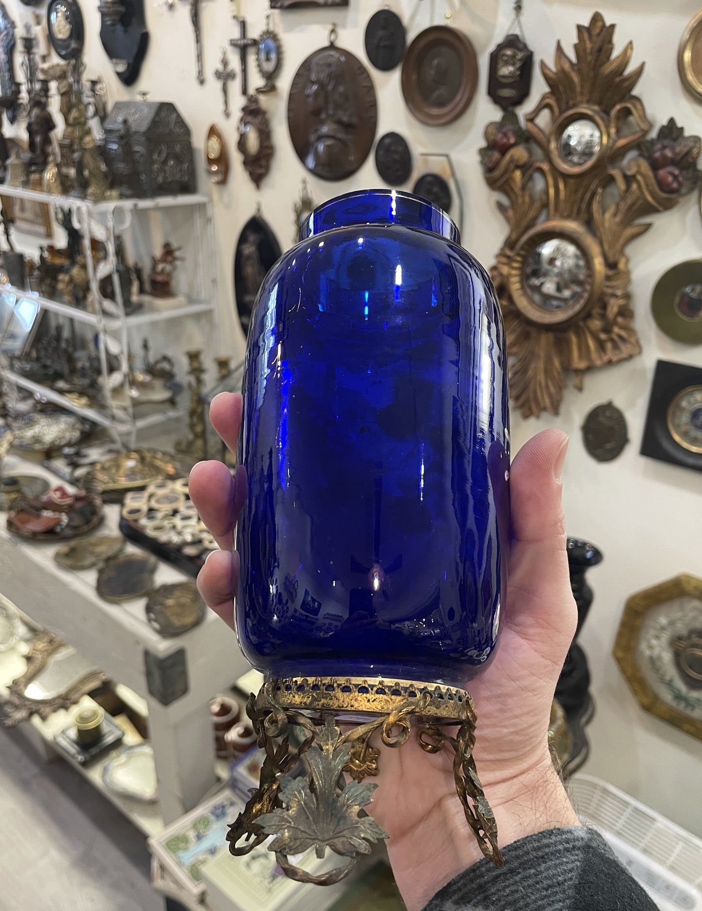 Rare Antique French Blue Glass Hand Painted Enameled Vase Flowers c1900
