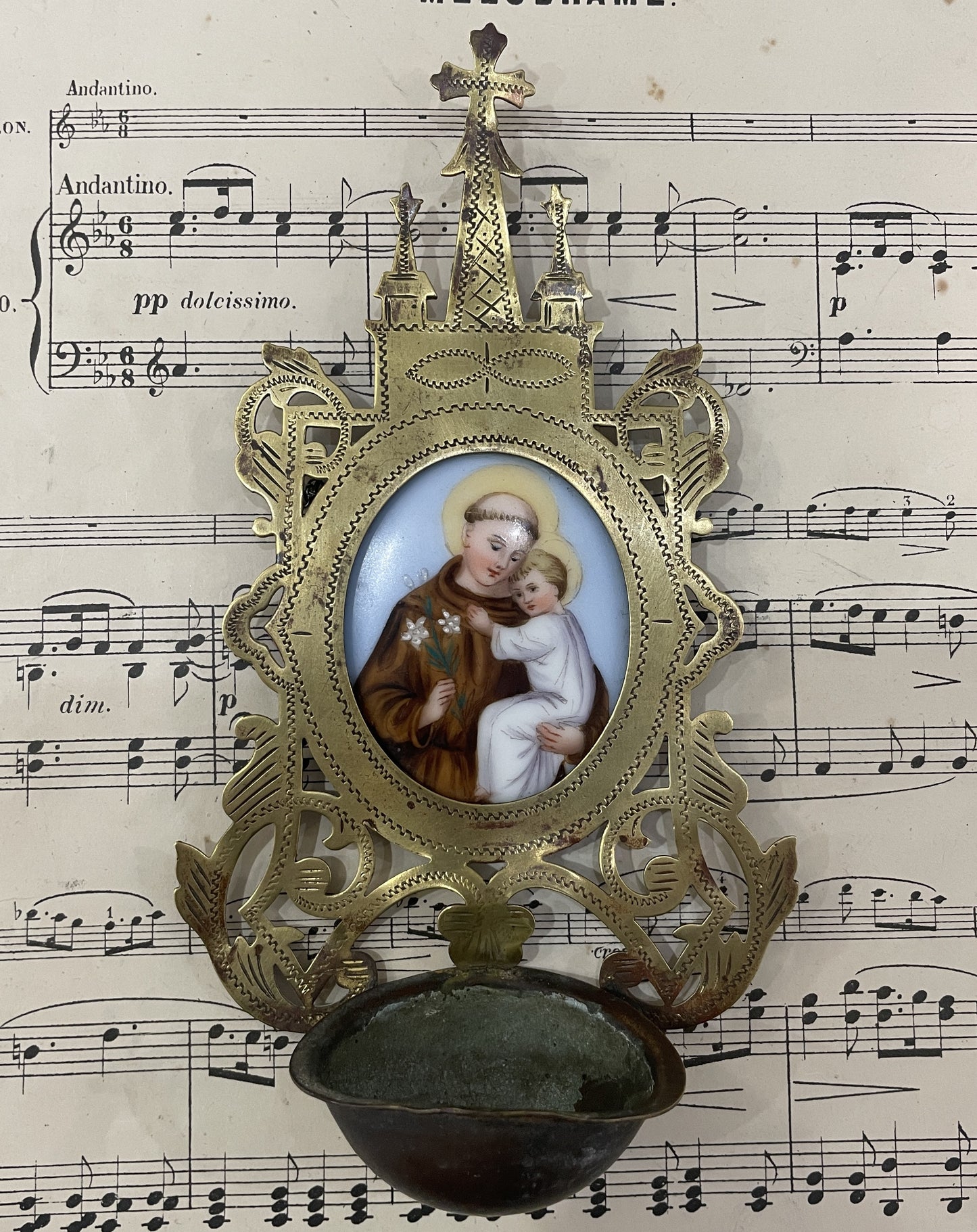 Rare Antique French St. Anthony Hand Painted Porcelain Holy Water Font c1880