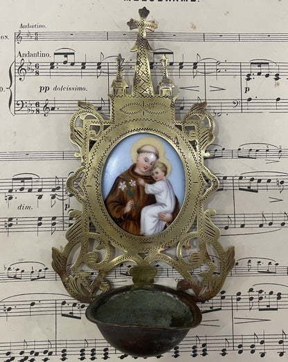 Rare Antique French St. Anthony Hand Painted Porcelain Holy Water Font c1880