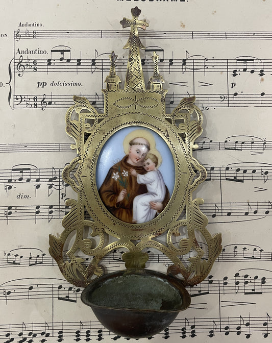 Rare Antique French St. Anthony Hand Painted Porcelain Holy Water Font c1880