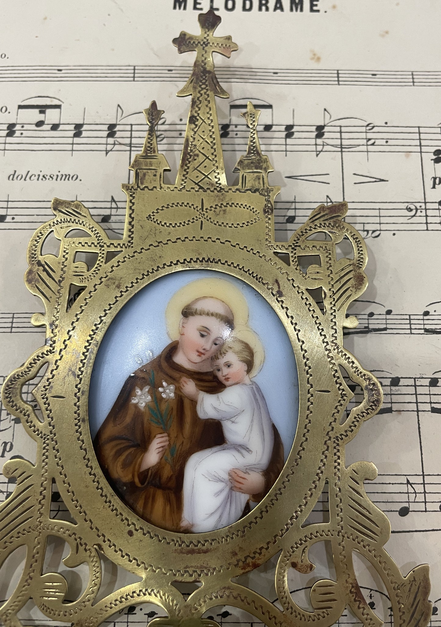 Rare Antique French St. Anthony Hand Painted Porcelain Holy Water Font c1880