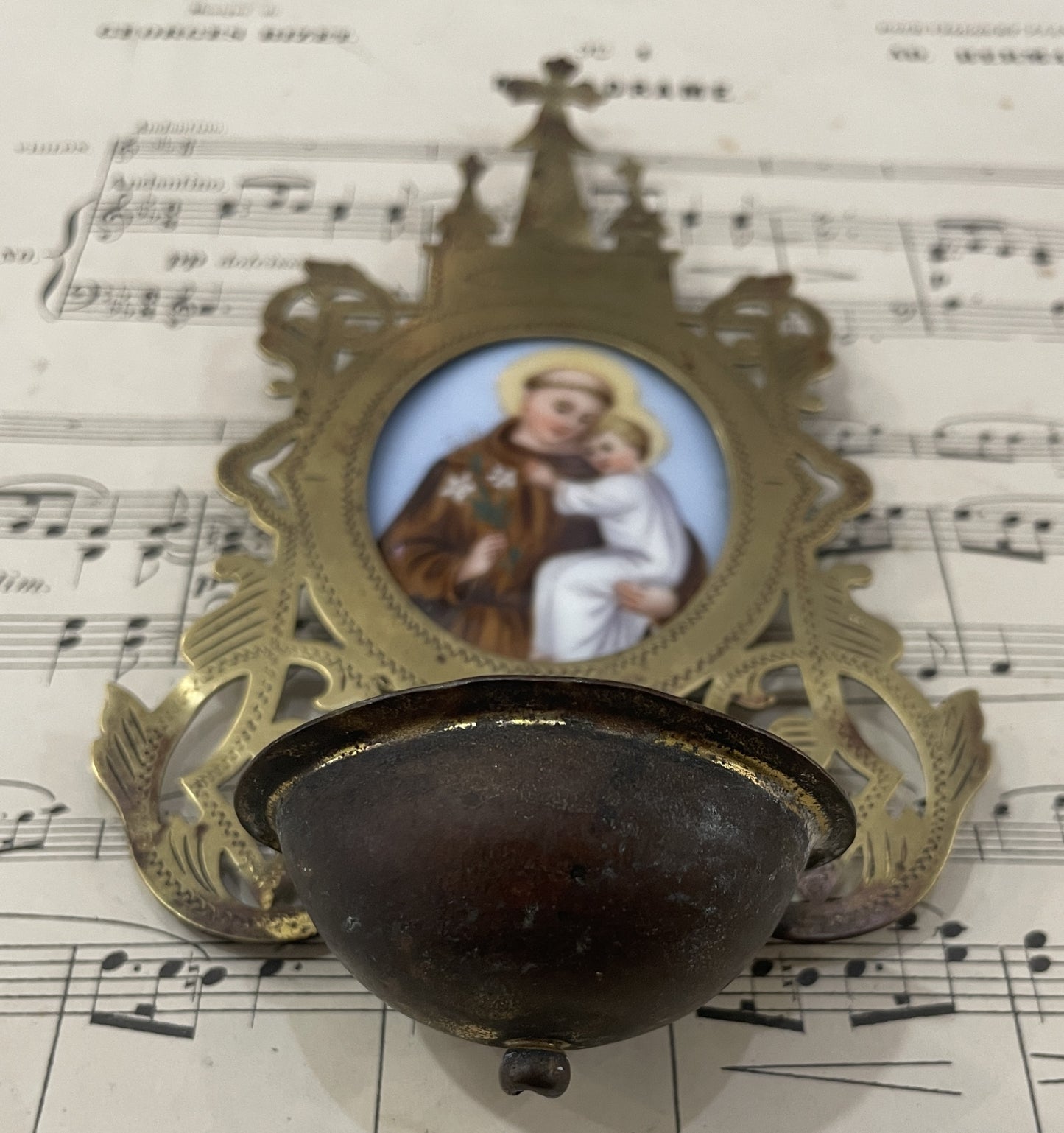 Rare Antique French St. Anthony Hand Painted Porcelain Holy Water Font c1880