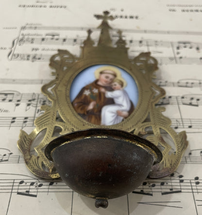Rare Antique French St. Anthony Hand Painted Porcelain Holy Water Font c1880