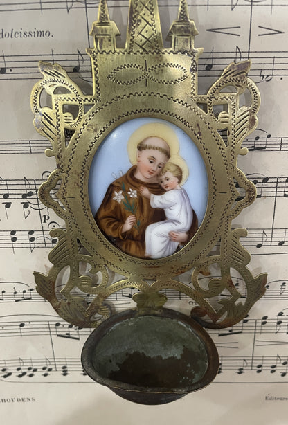 Rare Antique French St. Anthony Hand Painted Porcelain Holy Water Font c1880