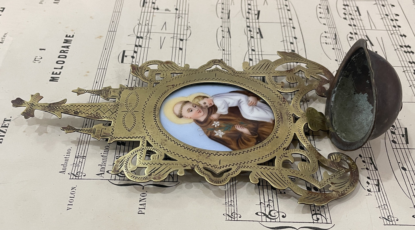 Rare Antique French St. Anthony Hand Painted Porcelain Holy Water Font c1880