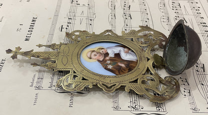 Rare Antique French St. Anthony Hand Painted Porcelain Holy Water Font c1880