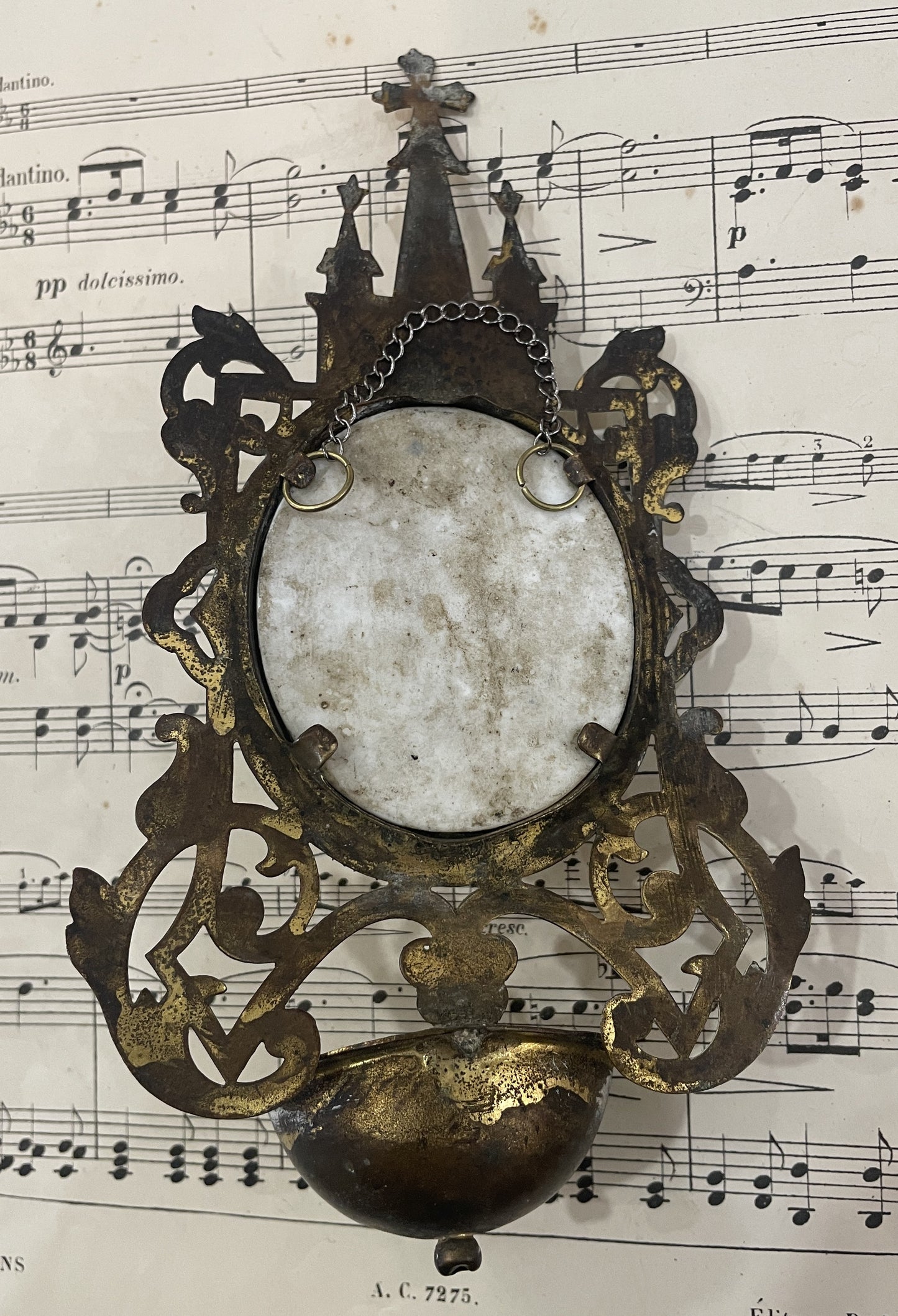 Rare Antique French St. Anthony Hand Painted Porcelain Holy Water Font c1880