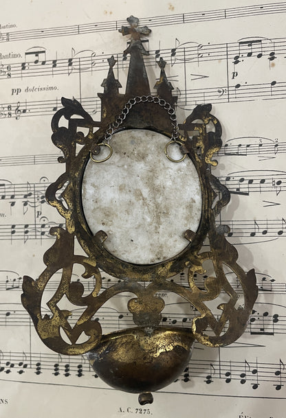 Rare Antique French St. Anthony Hand Painted Porcelain Holy Water Font c1880