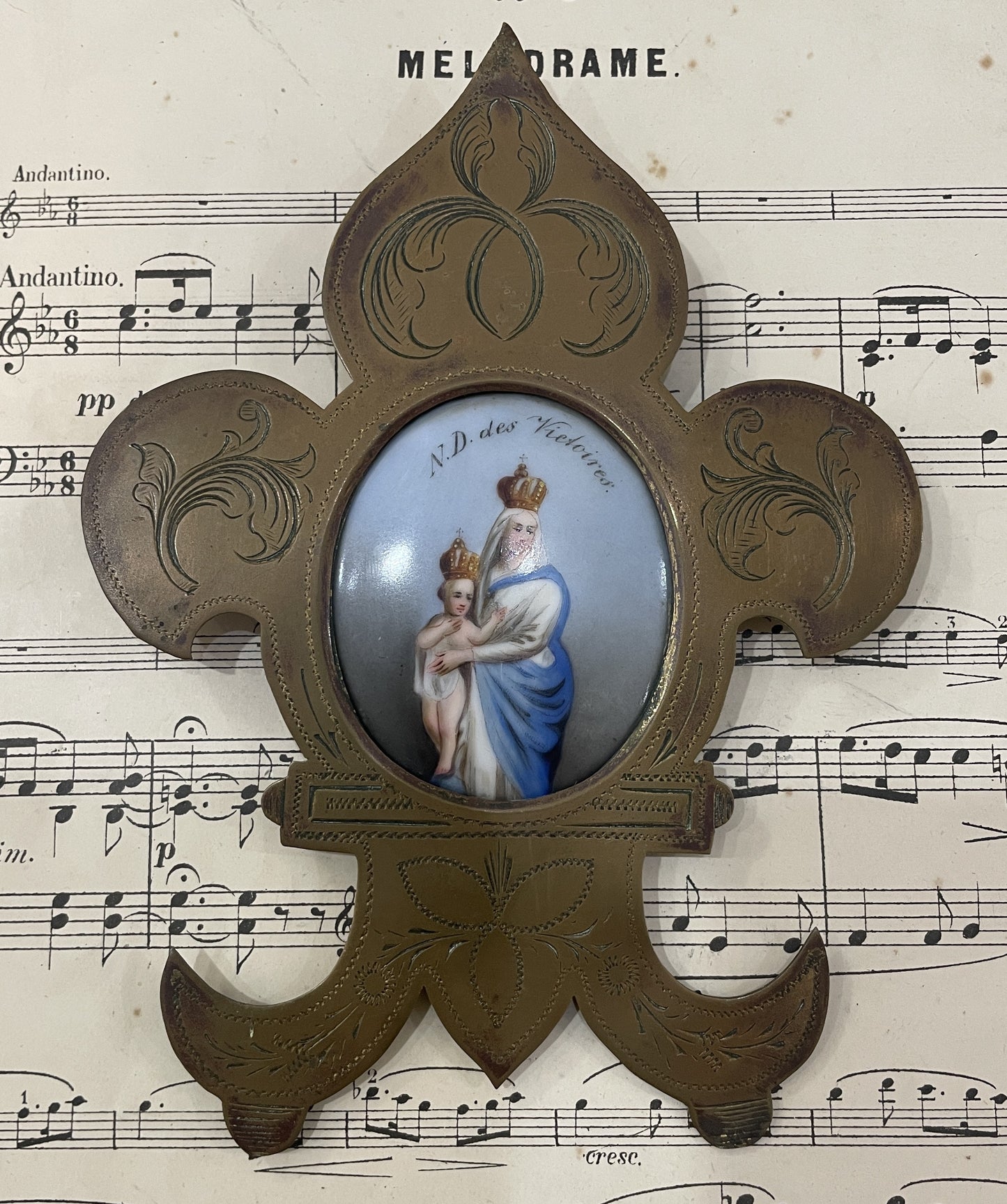 Antique French Hand Painted Porcelain Religious Fleur de Lys Mary Jesus c1880