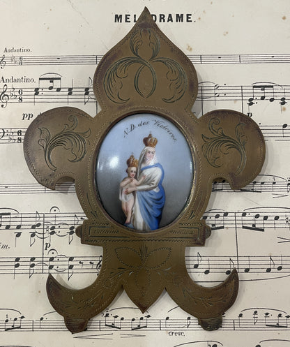 Antique French Hand Painted Porcelain Religious Fleur de Lys Mary Jesus c1880