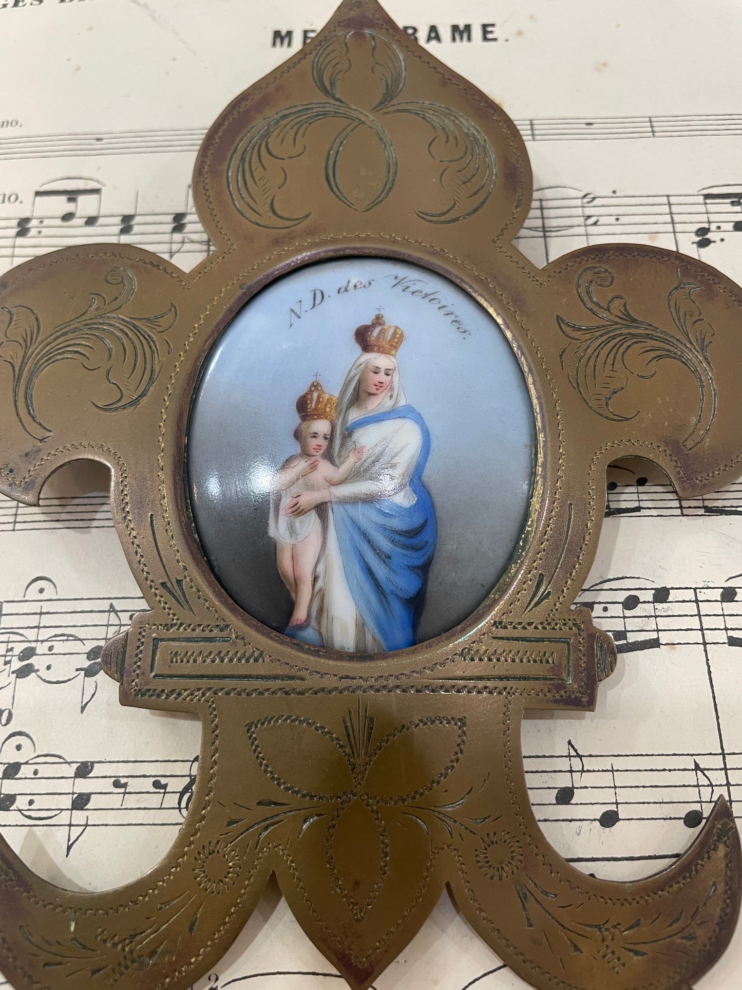 Antique French Hand Painted Porcelain Religious Fleur de Lys Mary Jesus c1880