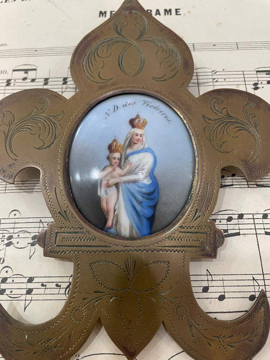 Antique French Hand Painted Porcelain Religious Fleur de Lys Mary Jesus c1880