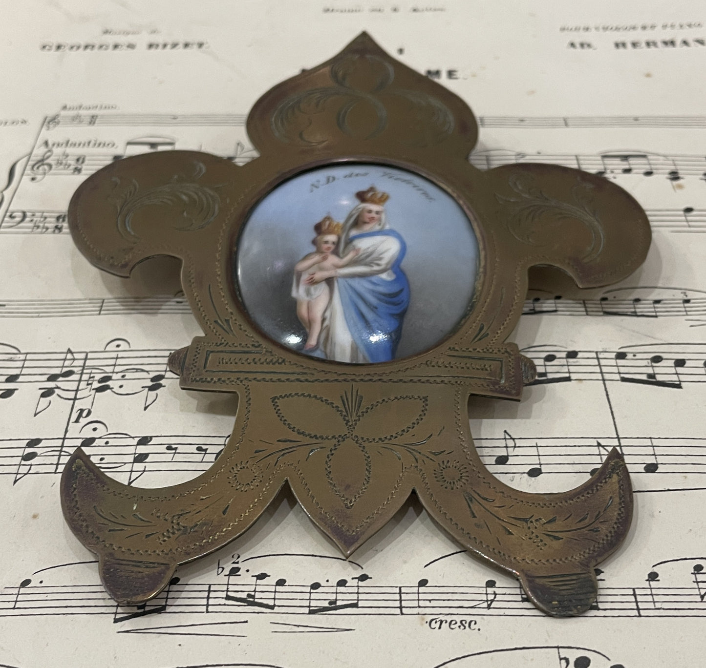 Antique French Hand Painted Porcelain Religious Fleur de Lys Mary Jesus c1880