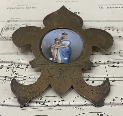Antique French Hand Painted Porcelain Religious Fleur de Lys Mary Jesus c1880