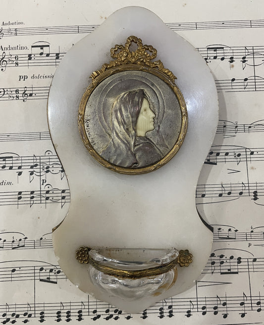 Antique French Onyx Holy Water Font Virgin Mary Signed Kinsburger c1920