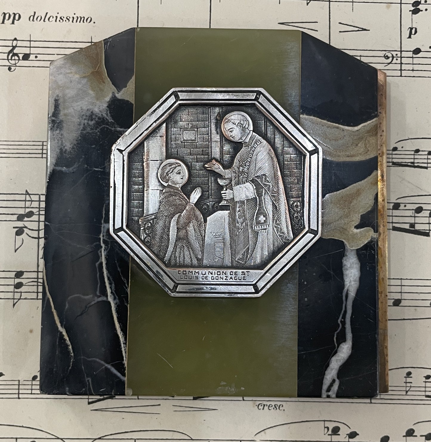 Antique French Green Onyx Icon Stand Communion of St Louis de Gonzague c1930