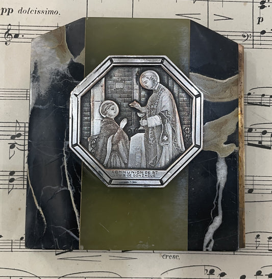 Antique French Green Onyx Icon Stand Communion of St Louis de Gonzague c1930