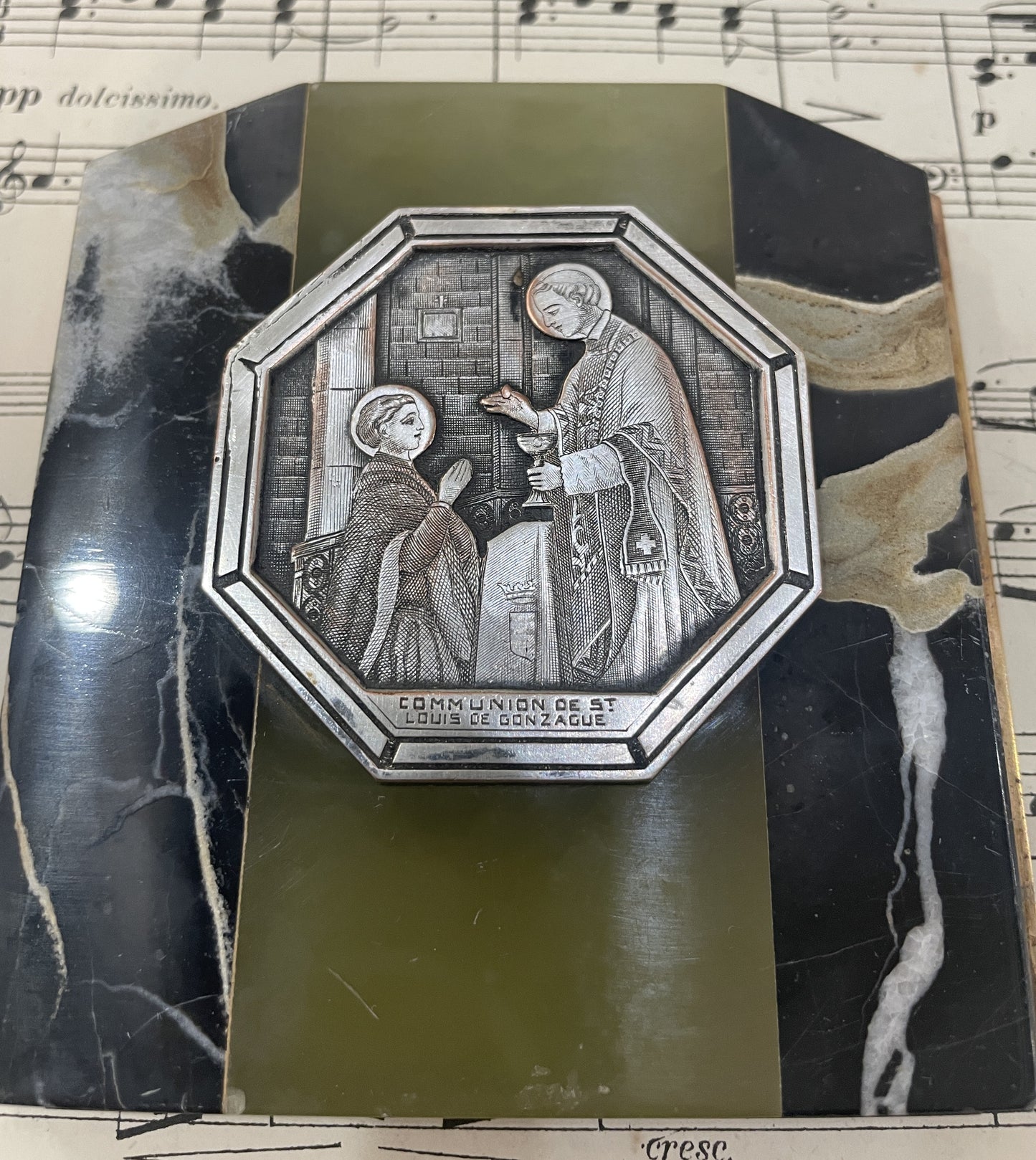 Antique French Green Onyx Icon Stand Communion of St Louis de Gonzague c1930