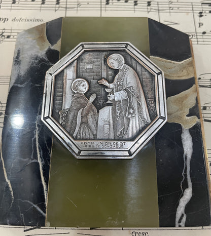 Antique French Green Onyx Icon Stand Communion of St Louis de Gonzague c1930