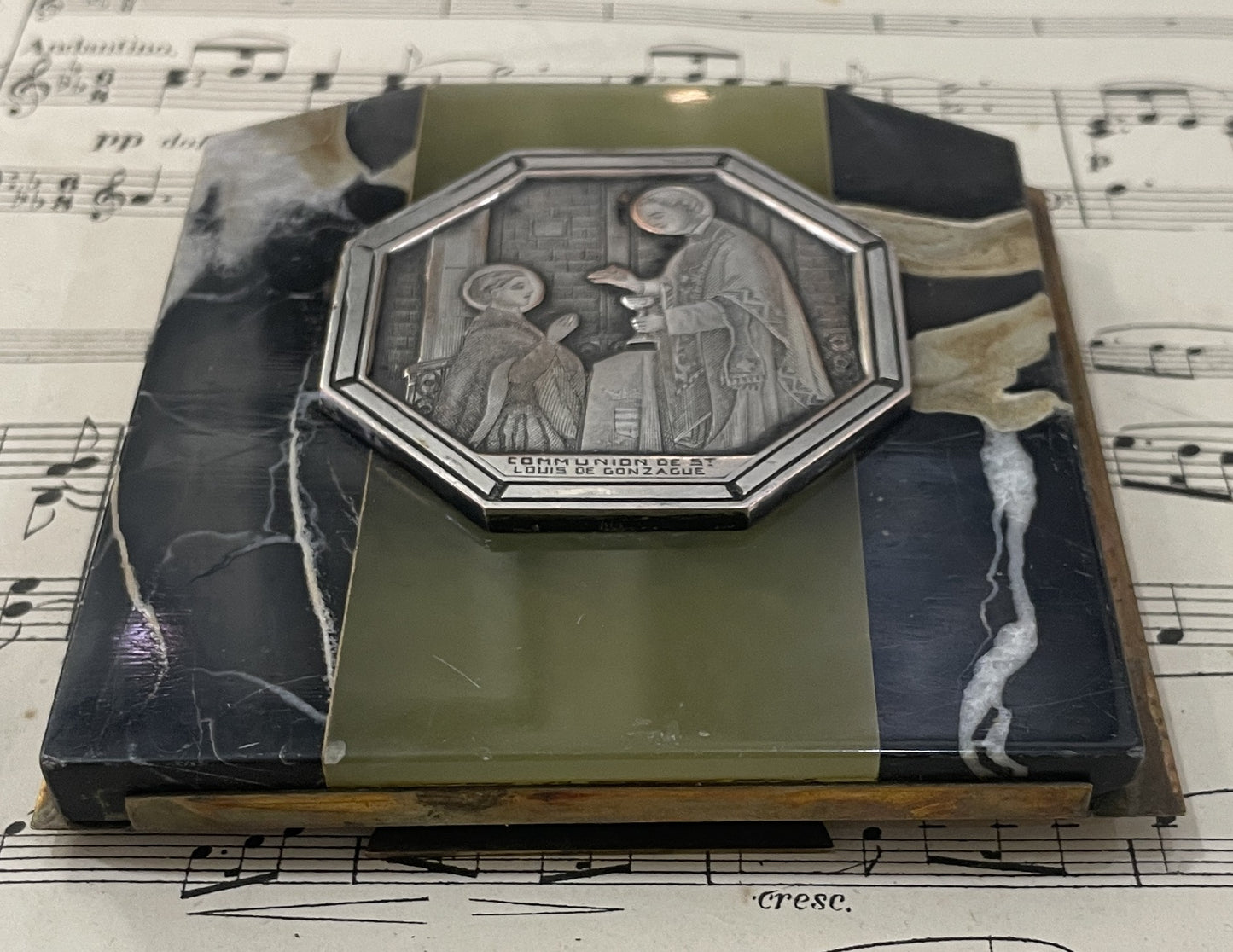 Antique French Green Onyx Icon Stand Communion of St Louis de Gonzague c1930