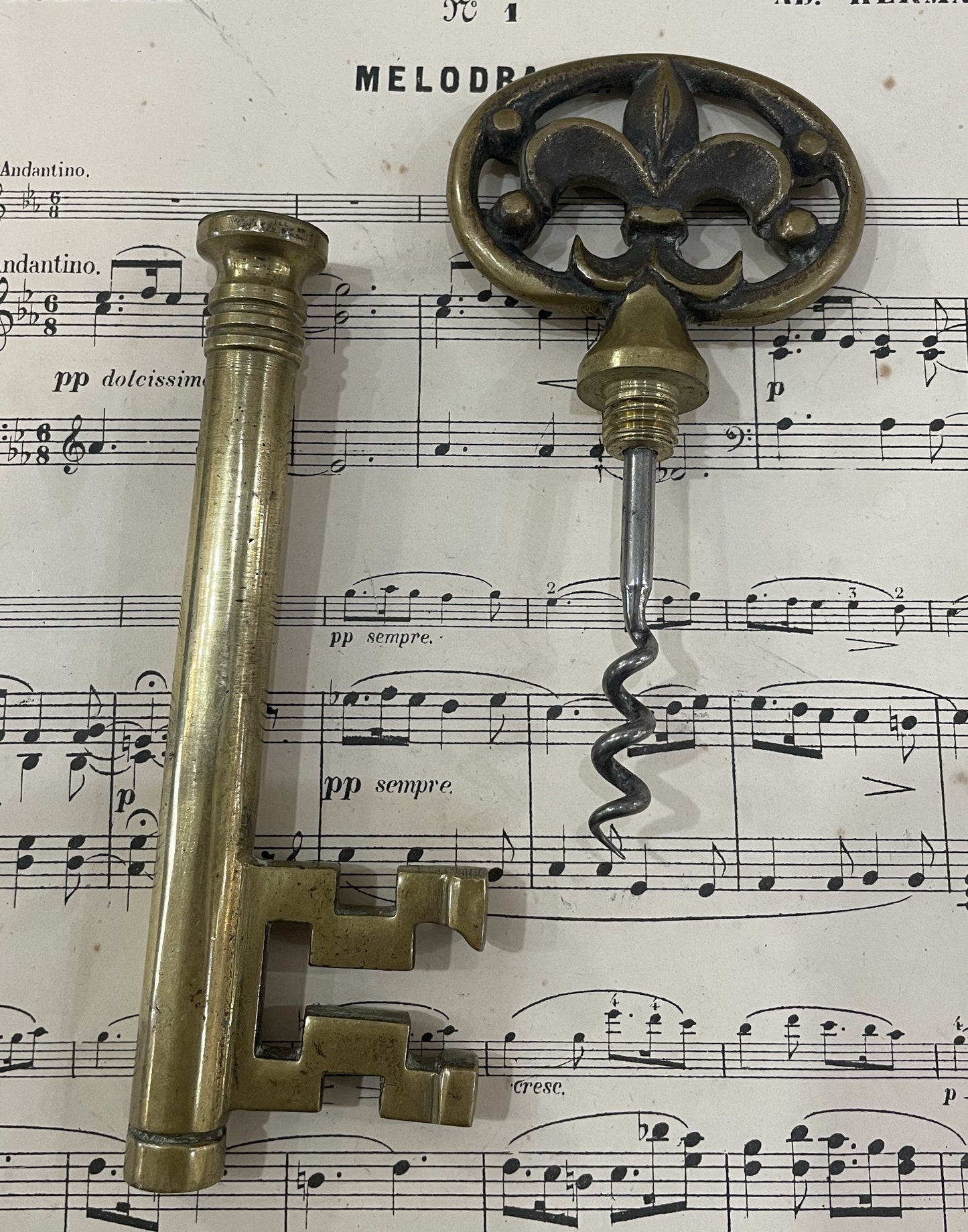 Large Rare Antique French Skeleton Key Fleur de Lys Wine Bottle Opener c1940 RESERVED for Heather