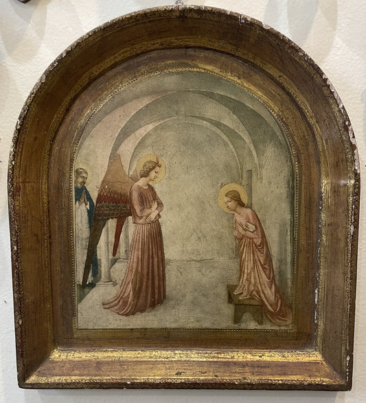 Large Antique Italian Angel Gabriel and Mary Icon Wooden Wall Plaque c1930