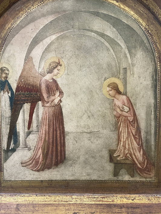 Large Antique Italian Angel Gabriel and Mary Icon Wooden Wall Plaque c1930