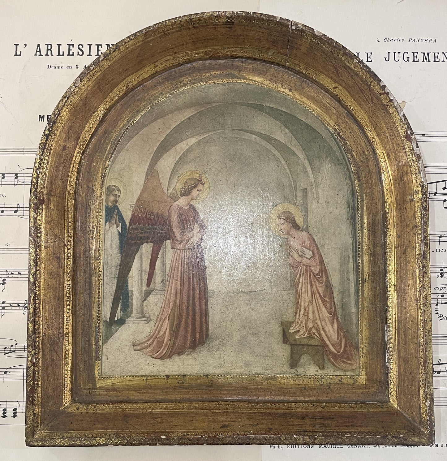 Large Antique Italian Angel Gabriel and Mary Icon Wooden Wall Plaque c1930