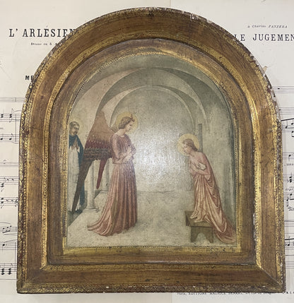 Large Antique Italian Angel Gabriel and Mary Icon Wooden Wall Plaque c1930