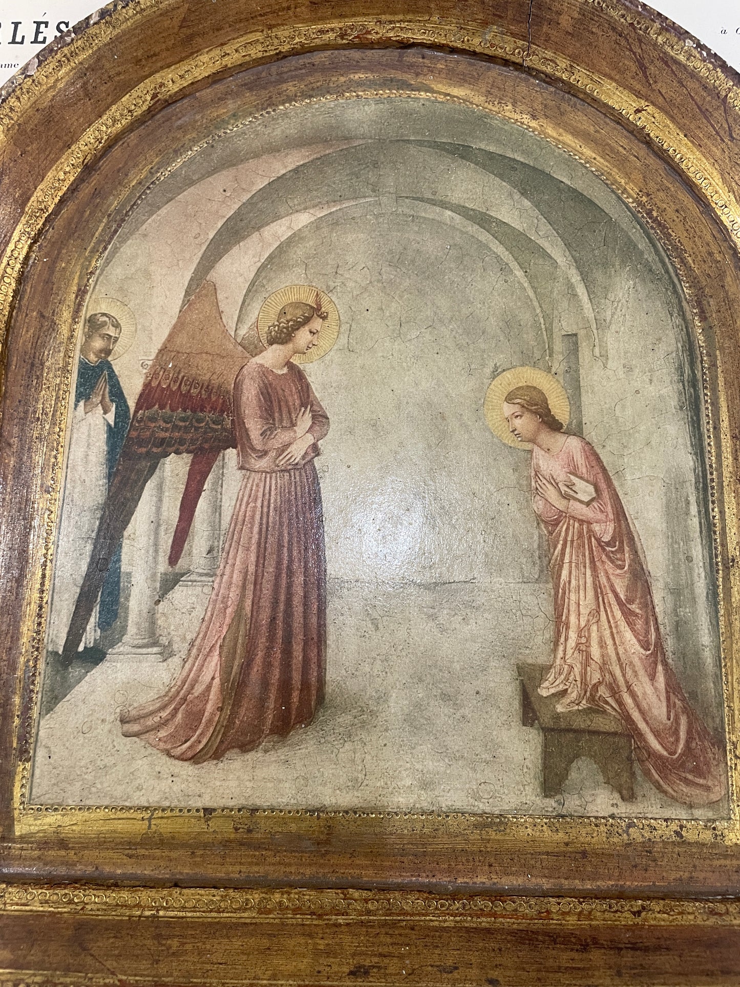 Large Antique Italian Angel Gabriel and Mary Icon Wooden Wall Plaque c1930