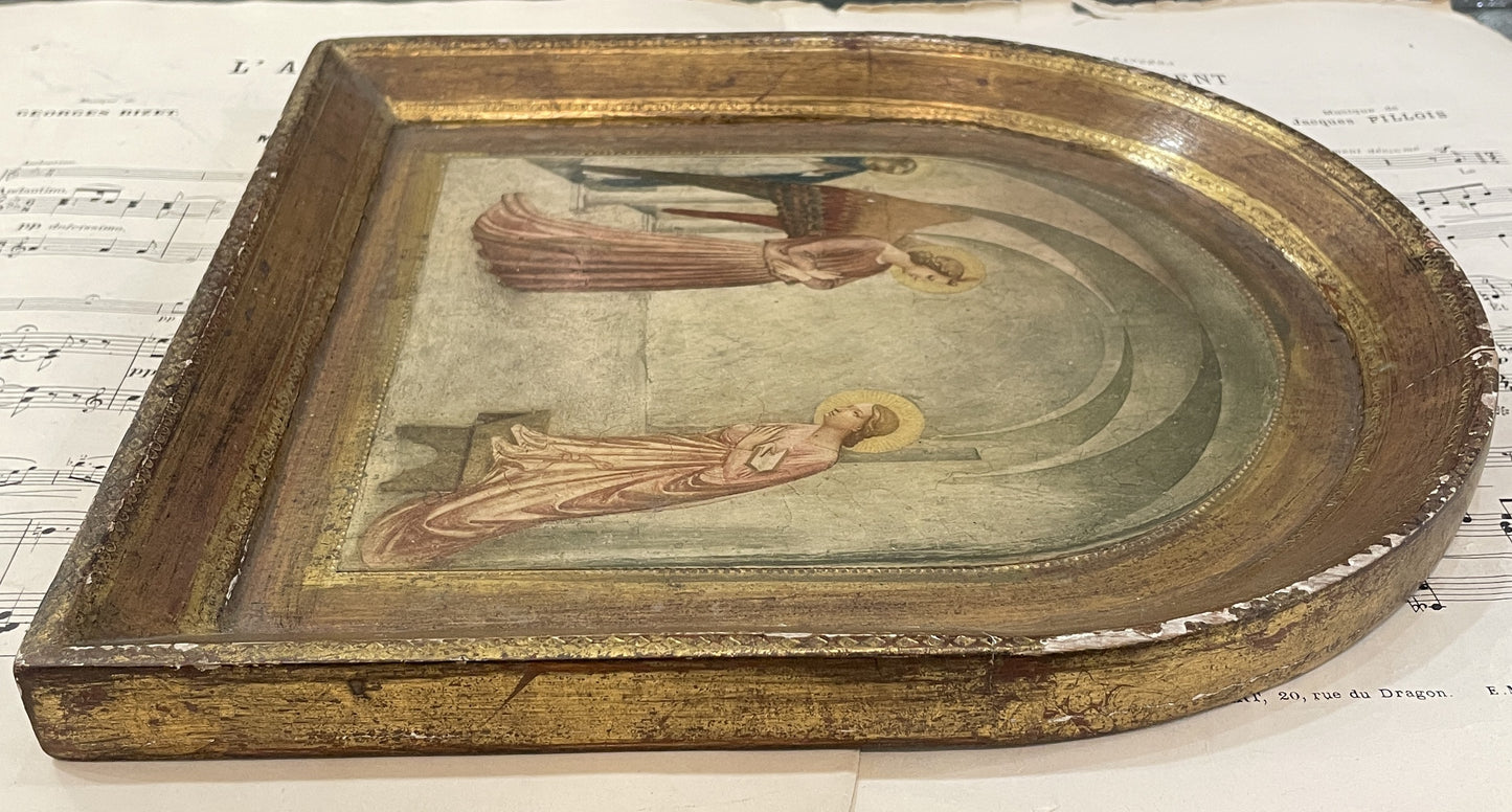 Large Antique Italian Angel Gabriel and Mary Icon Wooden Wall Plaque c1930