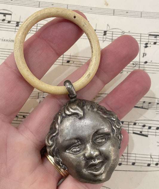 Rare Antique French Art Nouveau Silver 800 Baby Rattle Cherub Putto c1900