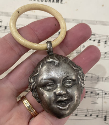 Rare Antique French Art Nouveau Silver 800 Baby Rattle Cherub Putto c1900