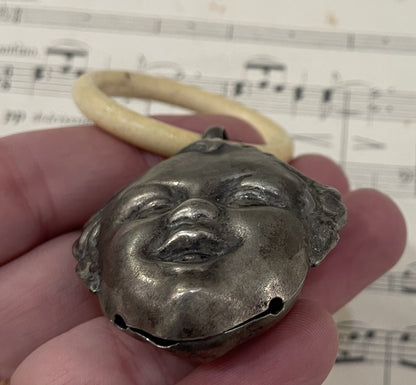 Rare Antique French Art Nouveau Silver 800 Baby Rattle Cherub Putto c1900