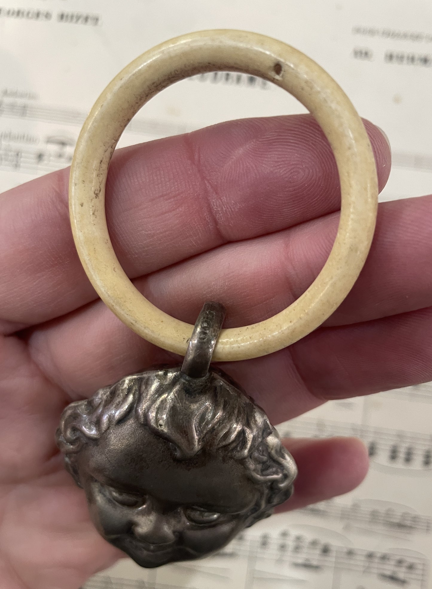 Rare Antique French Art Nouveau Silver 800 Baby Rattle Cherub Putto c1900