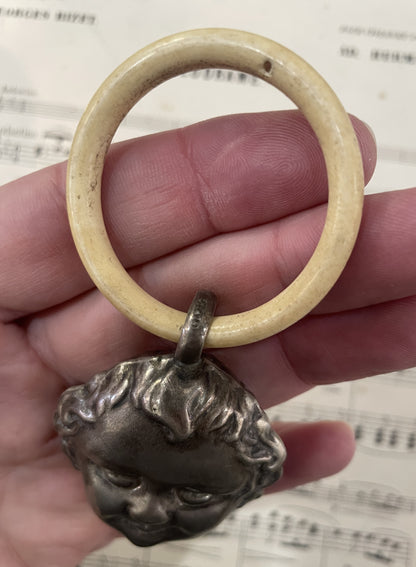 Rare Antique French Art Nouveau Silver 800 Baby Rattle Cherub Putto c1900