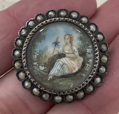 Rare Antique French Sterling Silver Hand Painted Woman Brooch with Pearls c1900