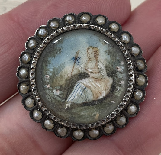Rare Antique French Sterling Silver Hand Painted Woman Brooch with Pearls c1900