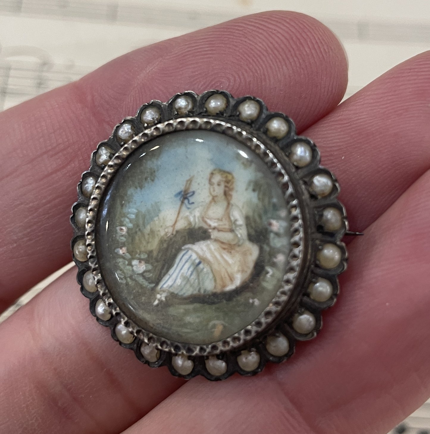 Rare Antique French Sterling Silver Hand Painted Woman Brooch with Pearls c1900