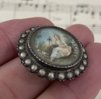 Rare Antique French Sterling Silver Hand Painted Woman Brooch with Pearls c1900