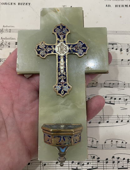 Small Antique French Champleve Enamel Onyx Holy Water Font Cross Crucifix c1880