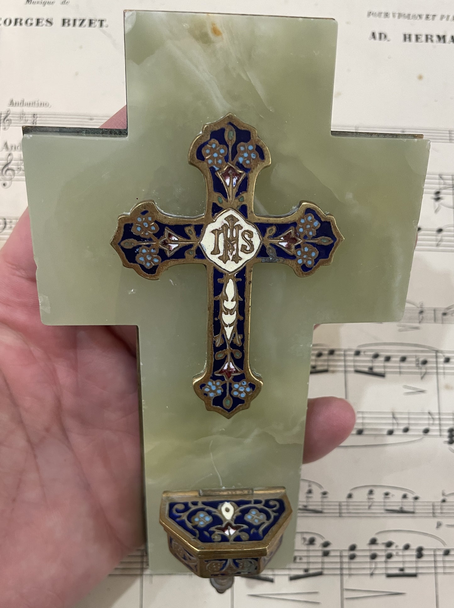 Small Antique French Champleve Enamel Onyx Holy Water Font Cross Crucifix c1880