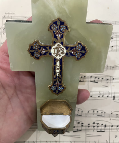 Small Antique French Champleve Enamel Onyx Holy Water Font Cross Crucifix c1880