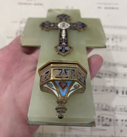 Small Antique French Champleve Enamel Onyx Holy Water Font Cross Crucifix c1880