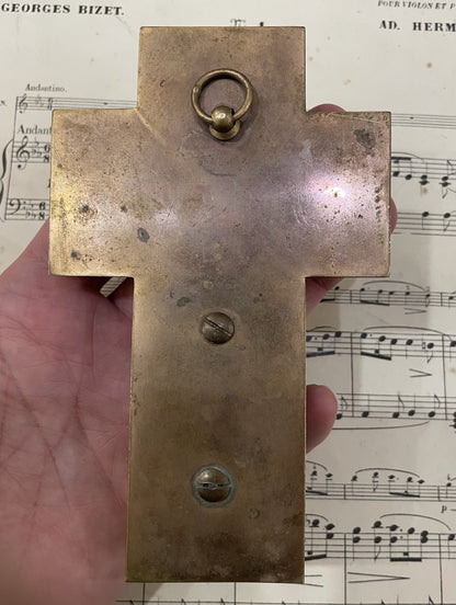 Small Antique French Champleve Enamel Onyx Holy Water Font Cross Crucifix c1880