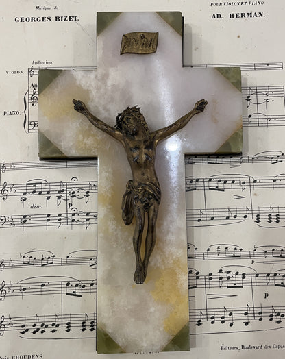 Antique French Green Onyx Holy Water Font Jesus Cross Crucifix c1920