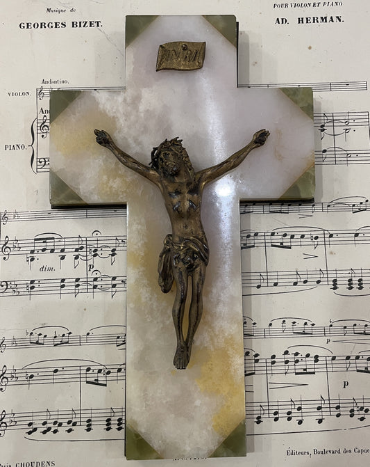 Antique French Green Onyx Holy Water Font Jesus Cross Crucifix c1920