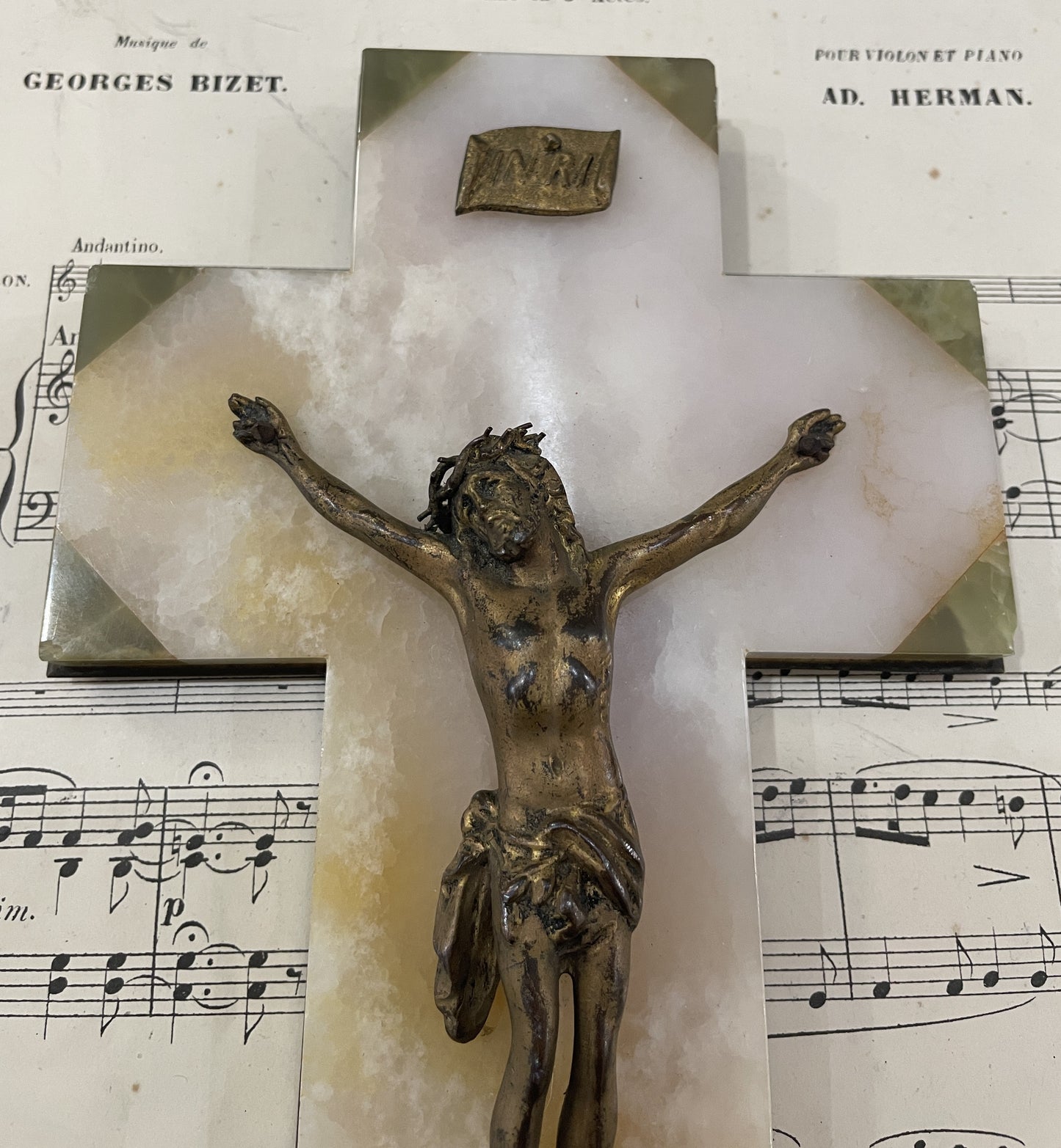 Antique French Green Onyx Holy Water Font Jesus Cross Crucifix c1920